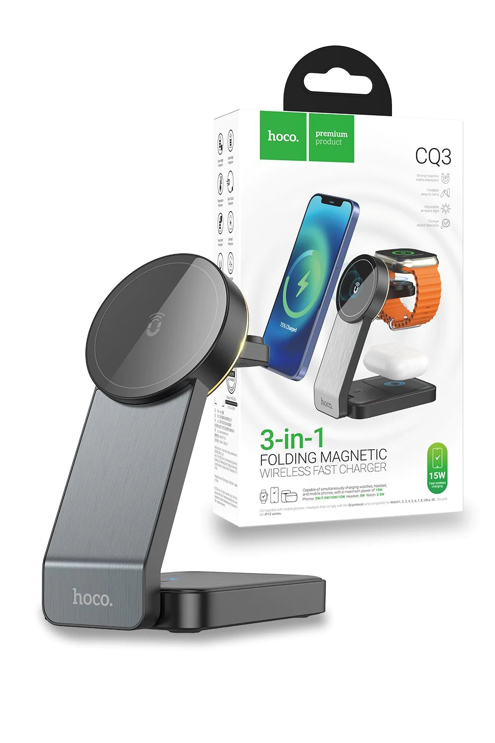 Hoco 3 in 1 15W Magsafe Magnetic Dock Wireless Charger Folding Stand CQ3 Hoco 3 in 1 15W Magsafe Magnetic Dock Wireless Charger Folding Stand CQ3